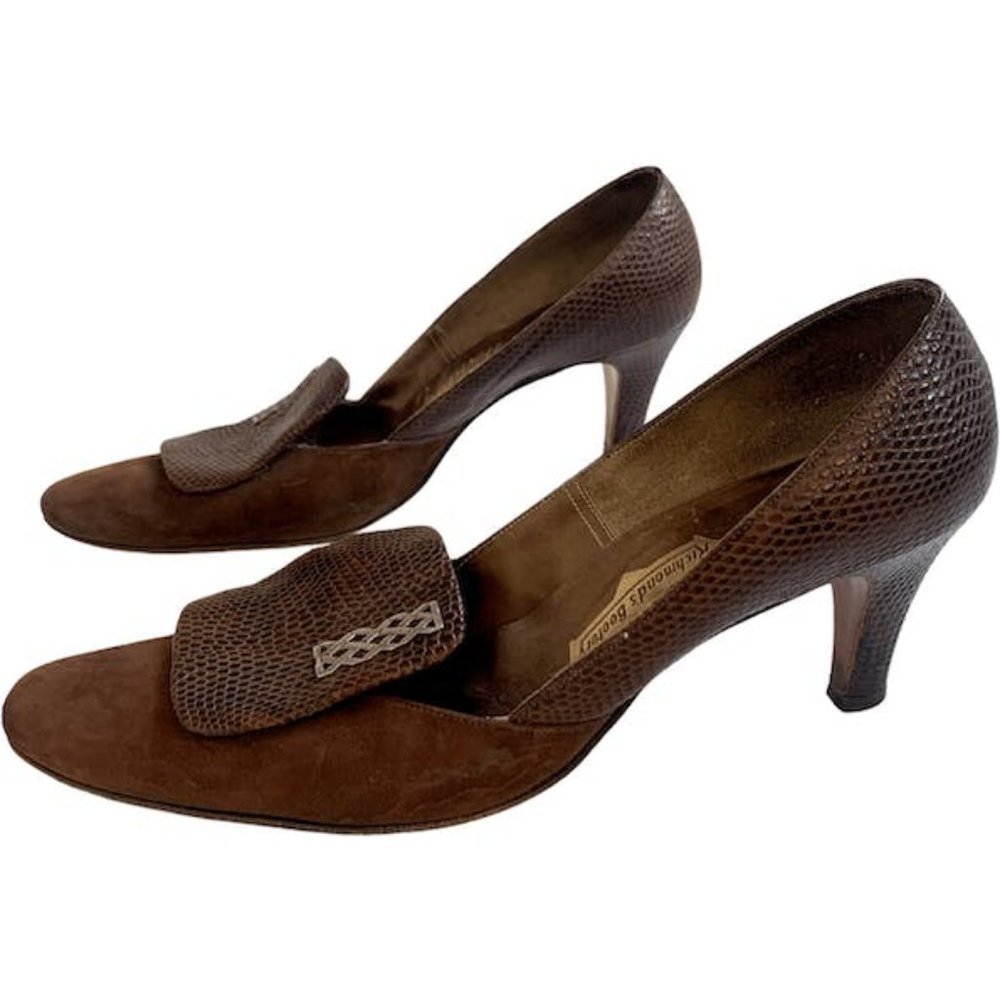 60s Brown Heels Vegan Suede Reptile Shoes Vintage 8 Johansen